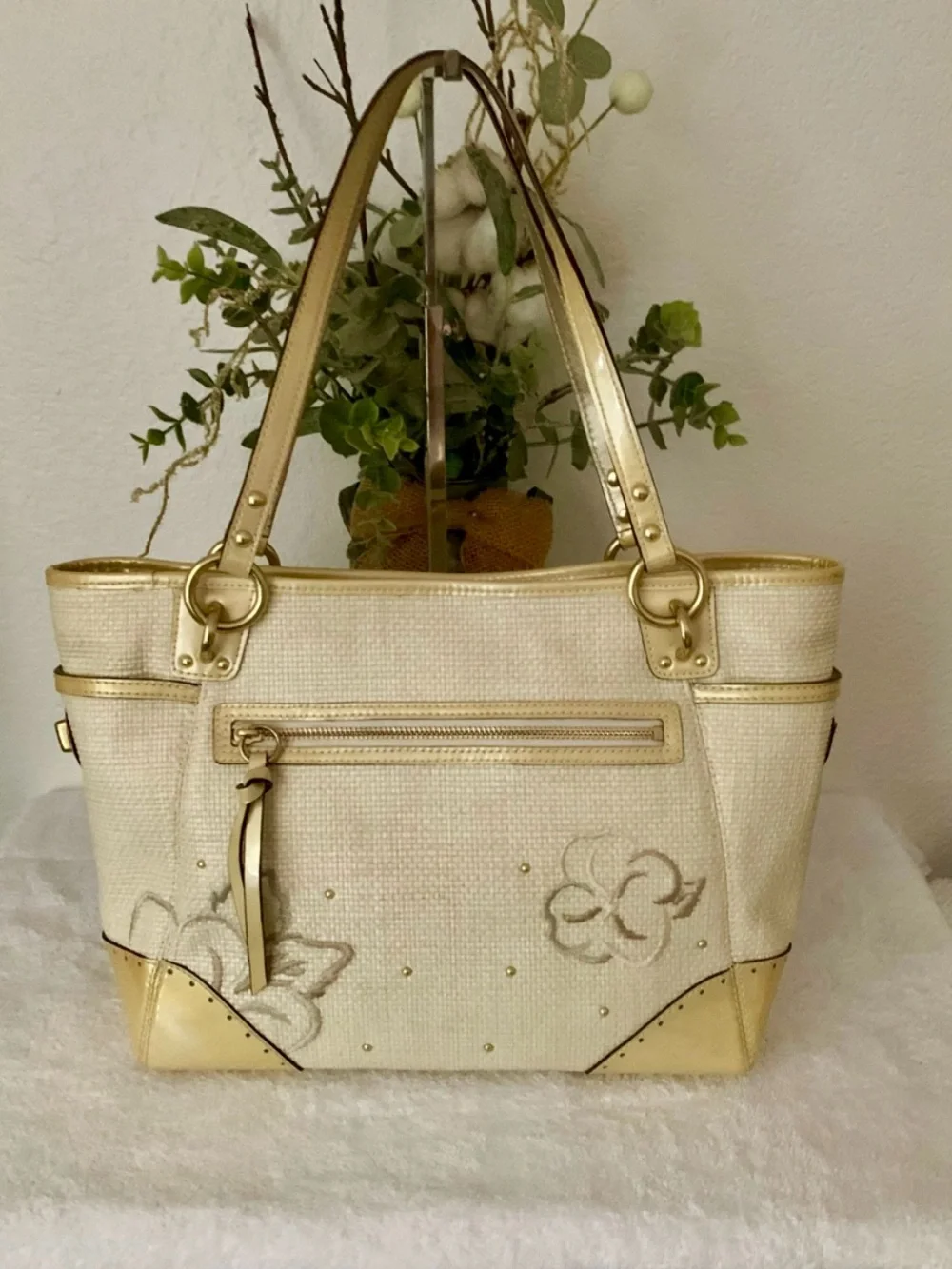 Coach Limited Edition Hampton Cream Tote with Gold Floral Appliqués